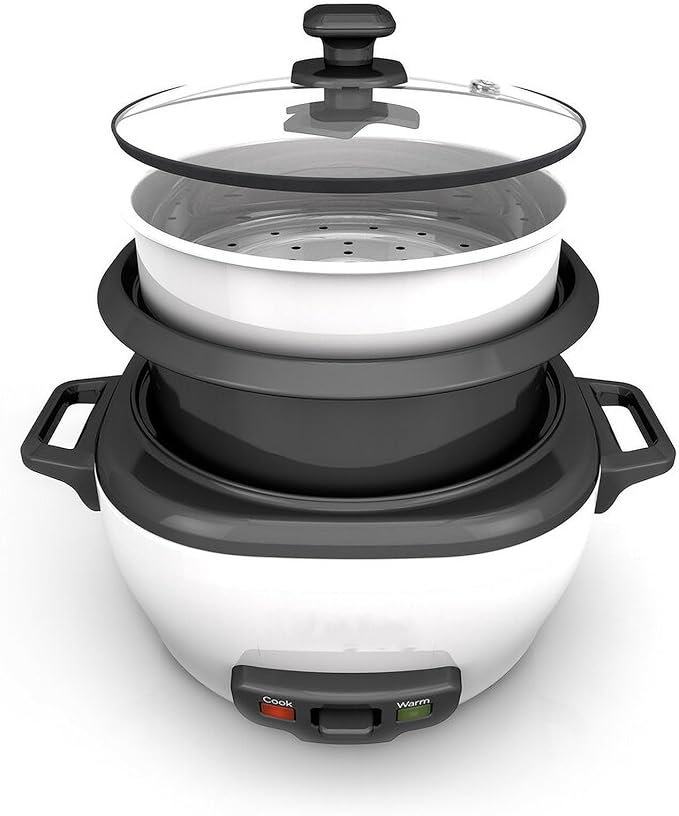 3-Cup Electric Rice Cooker Keep Warm Function White Insulation Detachable Pot Non Stick Dishwasher Safety Component Indicator Light Easy to Clean Tempered Glass Cover Plastic Rice