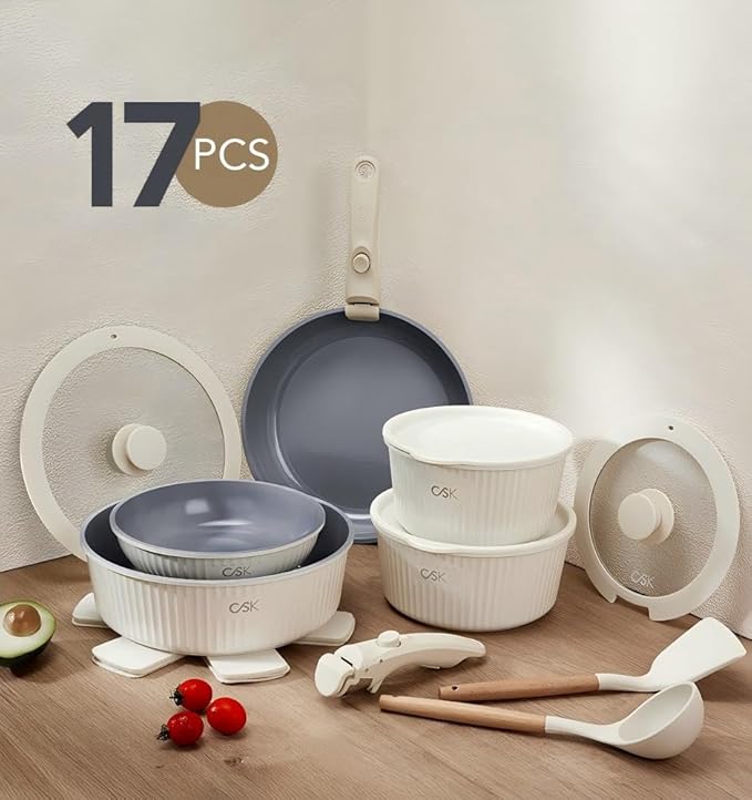 KOCH SYSTEME CS 17pcs Pots and Pans Set Non Stick Nonstick Ceramic Cookware Set Detachable Handle Induction Kitchen Pot and Pan Set Non Stick with Removable Handle RV Cookware Set Cream White