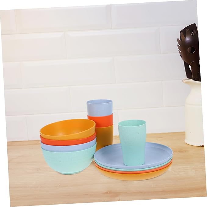Alipis 12pcs Modern Wheat Straw Plastic Dinnerware Set Microwave Safe Plates Bowls Cups for Boys and Girls Toddlers Camping