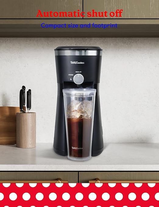Betty Crocker Coffee Maker for Iced &amp Hot Brew Brews in 4 Minutes Compact Iced Coffee Machine with Chrome Accents Reusable Filter BPA-Free 20-Oz Tumbler &amp Straw BC-4869B Black