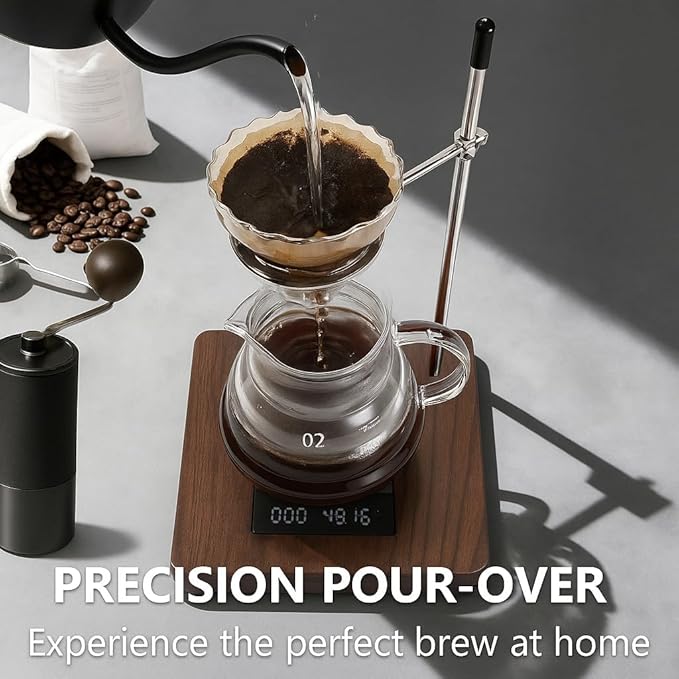 Solid North American Walnut Pour Over Coffee Stand - Adjustable Height Dripper Holder with 304 Stainless Steel Arm - Compatible with Hario V60 01 02 &amp Cone Brewers - Heavy Non-Slip Base (Stand Onl