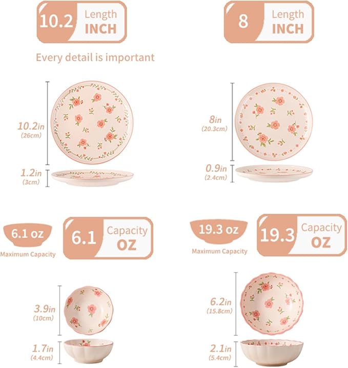 16 Pieces Gourmet Porcelain Dinnerware Sets Premium Plates and Bowls Set High-Fired Ceramic Dishes Set for 4 Microwave Dishwasher Safe Pink Peach Blossom Pattern.