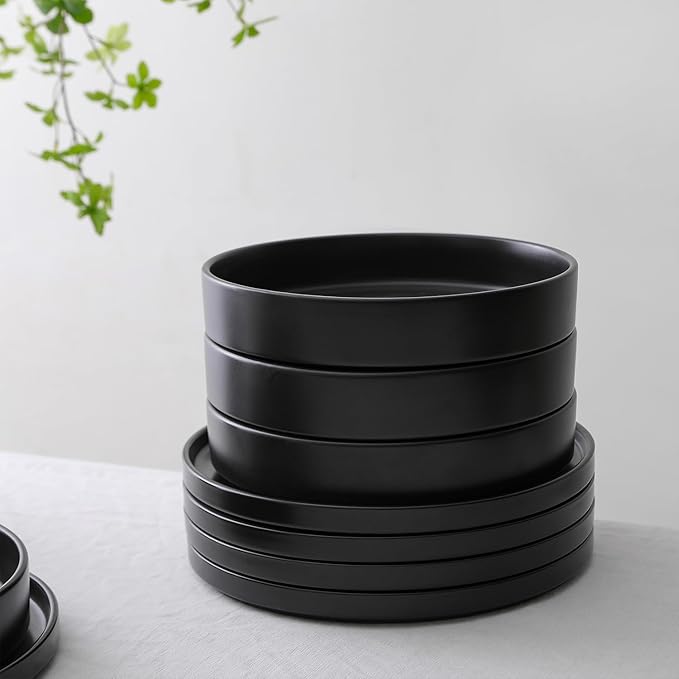 Stone Lain Celina Stoneware 12-Piece Dinnerware Set Cereal and Pasta Bowls Black Coupe