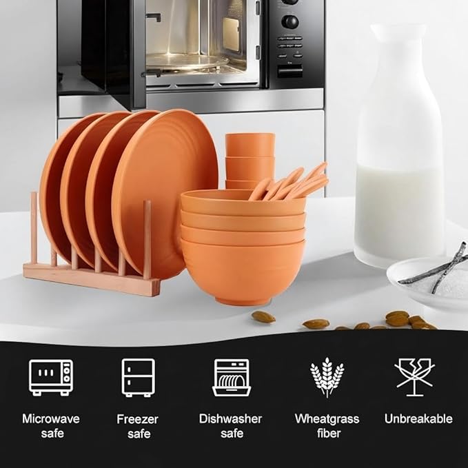 Wheat Straw Dinnerware Sets Homienly 20pcs Unbreakable Microwave Dishwasher Safe Tableware Lightweight Bowls Cups Plates Set Reusable Dinner Plates Bowls set (Orange)