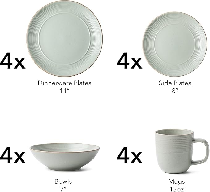 RINGAR Round Stoneware 16pc Dinnerware Set of 4 Dinner Plates Side Plates Cereal Bowls Mugs - Speckle Matte White (406646)