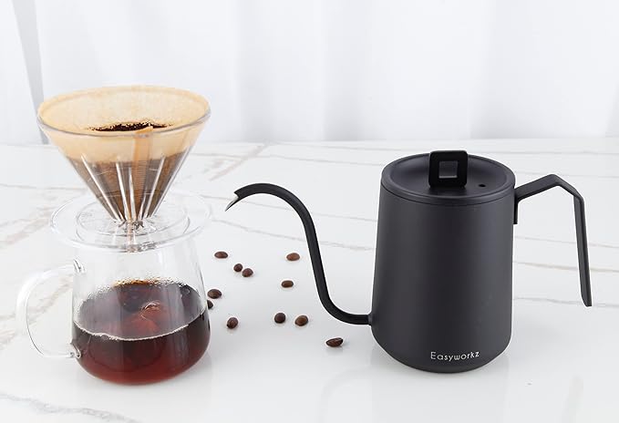 Easyworkz Gooseneck Pour Over Coffee Kettle 20 oz Stainless Steel Hand Drip Coffee Pot With Long Narrow Spout Matte Black
