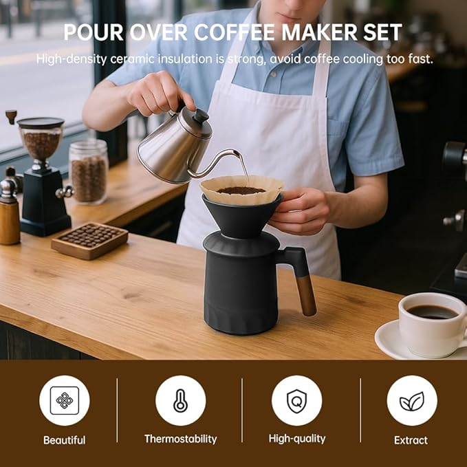 Pour Over Coffee Maker Set Ceramic Pour Over Coffee Dripper 15.5oz/450 ml with 25 Pcs V60 Paper Filter Coffee Pour Over Set for Camping Black