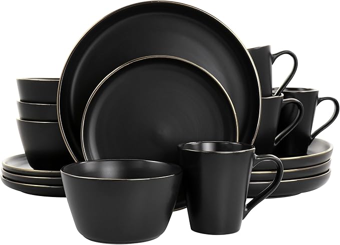 Elama Paul 16 Piece Stoneware Dinnerware Set in Matt Black with Gold Rim Matte Black 16 Piece Set (Arthur Paul Louis Set)