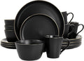 Elama Paul 16 Piece Stoneware Dinnerware Set in Matt Black with Gold Rim Matte Black 16 Piece Set (Arthur Paul Louis Set)