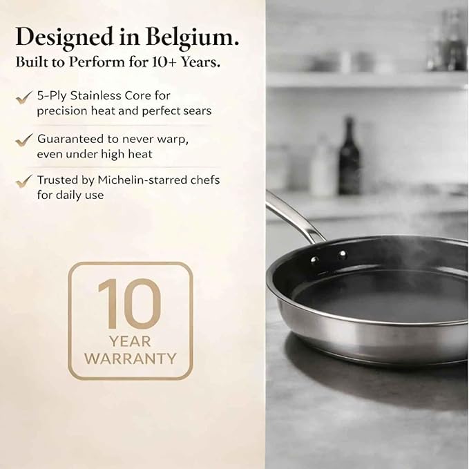 Alva Maestro Ceramic Nonstick Frying Pan Set 3-Piece Stainless Steel Skillet Set PFAS-Free 5-Ply Induction Compatible Oven Safe to 400°F 8 Inch 9.5 Inch &amp 11 Inch Fry Pans