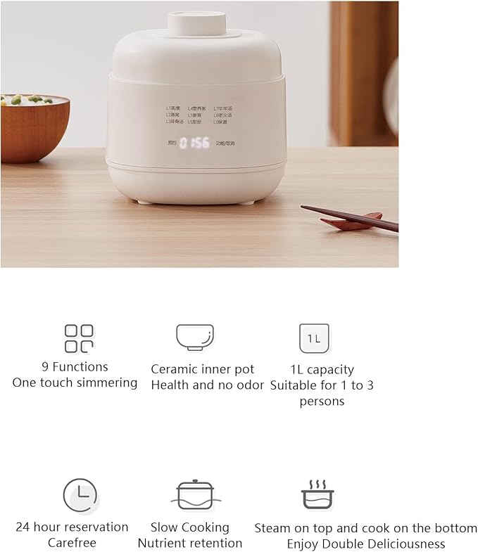 Electric Stew Pot Small Slow Cooker 1QT Smart Appointment Ceramic Interior Pot Automatic Multifunction Rice Cooker Electric Stew for Home Kitchen