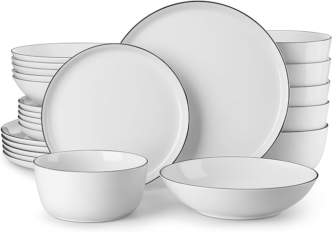 MALACASA 24 Pieces Gourmet Porcelain Dinnerware Sets Premium Plates and Bowls Set High-Fired Dishes Set for 6 Chip &amp Scratch Resistant Microwave Dishwasher Safe White &amp Black Rim Series
