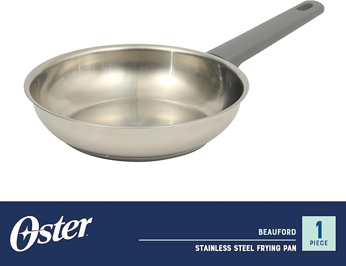 Oster Beauford 8-Inch Stainless Steel Frying Pan – Induction Oven &amp Dishwasher Safe Skillet Soft-Touch Gray Handle 5-Ply Encapsulated Bottom