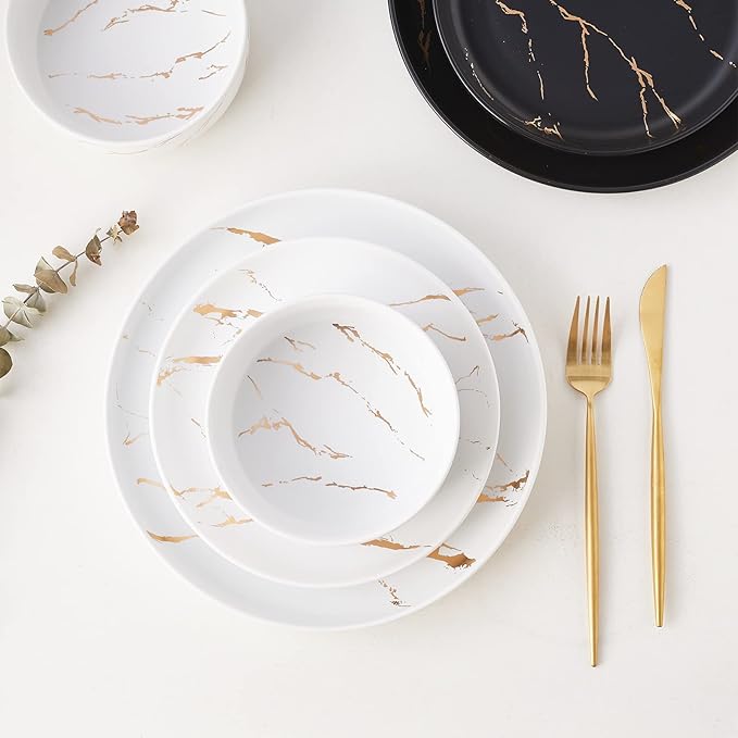 White Gold Splash Dinnerware Sets 12 Pieces Fine China Marble Plates and Bowls Sets Modern Porcelain Dish Set for 4 Luxury Dinner Set for Formal Dinners and Weddings