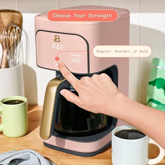 B- 12-Cup Programmable Coffee Maker with Touch-Activated Display Auto Brew Timer Reusable Filter &amp Large Glass Carafe (Rose)