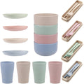 VALICLUD Portable Wheat Fiber Dinnerware Set 28pcs Including 7pcs Classic Nordic Pink Blue Green Beige Sets round Bowls Plates and Cups for Camping and Home Use