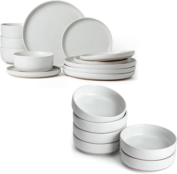 Famiware Milkyway Plates and Bowls Set of 12 and 4oz Dipping Bowls Set of 6 18 Pieces Dinnerware Sets White