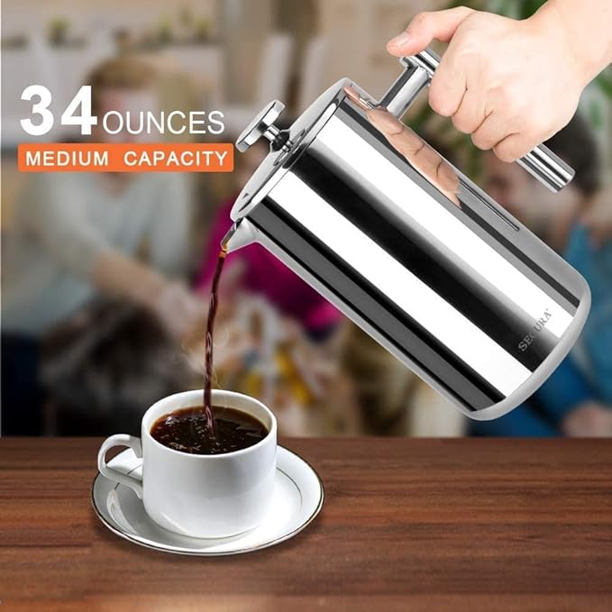 Secura French Press Coffee Maker 304 Grade Stainless Steel Insulated Coffee Press with 2 Extra Screens 34oz (1 Litre) Silver