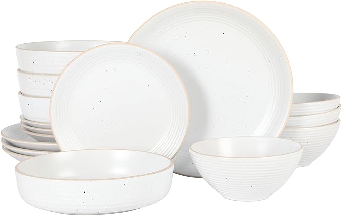 Gibson Home Dinah 16-Piece Matte White Stoneware Dinnerware Set – Double Bowl Embossed Speckled Design Durable Kitchen Dinnerware