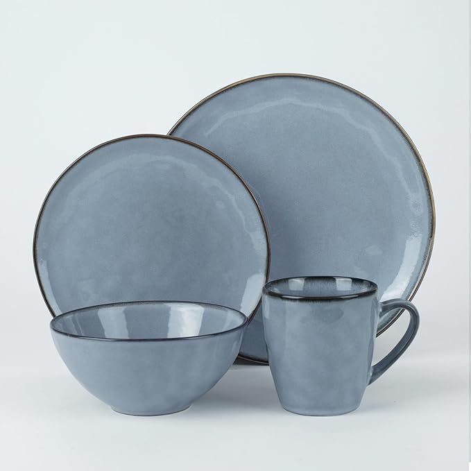 Famiware Ocean Round Plates and Bowls Sets for Kitchen 16-Piece Dinnerware Sets for 4 Mug Set for 4 Reactive Glaze Blue