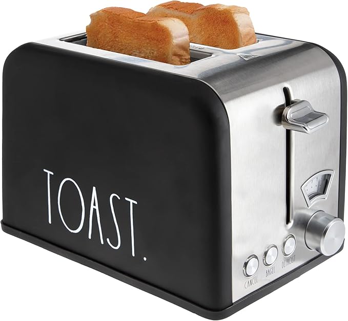 Rae Dunn Toaster Stainless Steel 2 Slice Square Toaster Wide Slot with 5 Browning Levels with Bagel Defrost and Cancel Options (Black)