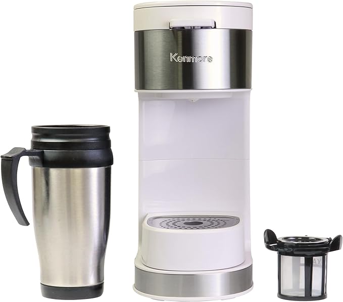 Kenmore Single Serve Coffee Maker – 6–14 Oz Brew Sizes Compatible with Keurig K‑Cup Pods &amp Ground Coffee One Cup Brewer Travel Mug Friendly Auto Shut‑Off Hot &amp Iced maquina de cafe White