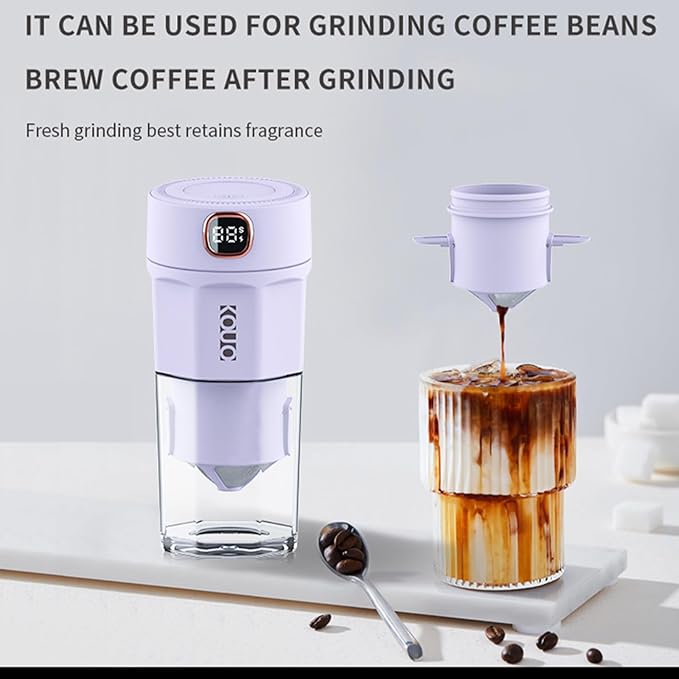 Portable Coffee Grinder and Blender Smoothies with 12Oz BPA Free Personal Travel Cup Durable Stainless Steel Mix Blender with Metal Coffee Filter USB Rechargeable(Purple)
