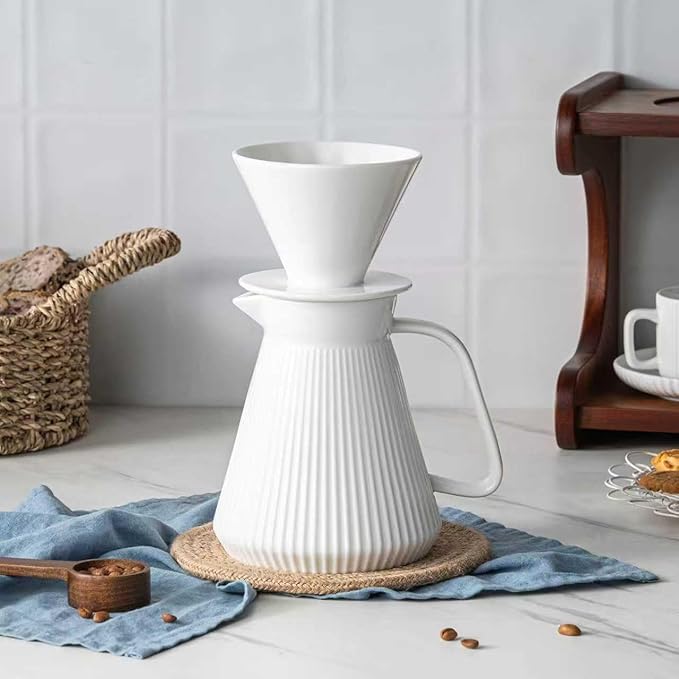 Pour Over Coffee Maker Set Ceramic Coffee Dripper with Pot Set 22OZ White Cream Pour Over Coffee Brewer for Home Café Restaurant Camping Size 02