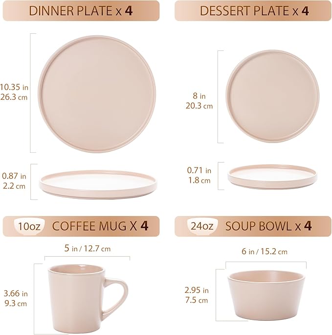Plates and Bowls Sets for 4 - CJDC-QUELO 16 Piece Stoneware Dinnerware Sets with Mugs Ceramic Dishware Sets for Kitchen Dining Use Chip and Scratch Resistant Microwave Dishwasher Safe Brown