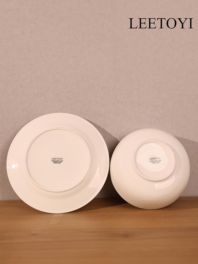 LEETOYI Ceramic Dinnerware Set 26 OZ Bowl with Plates Tableware for Kitchen and Formal Dining Used for Cereal Salad Pasta Soup Dessert Dishwasher &amp Microwave Safe White