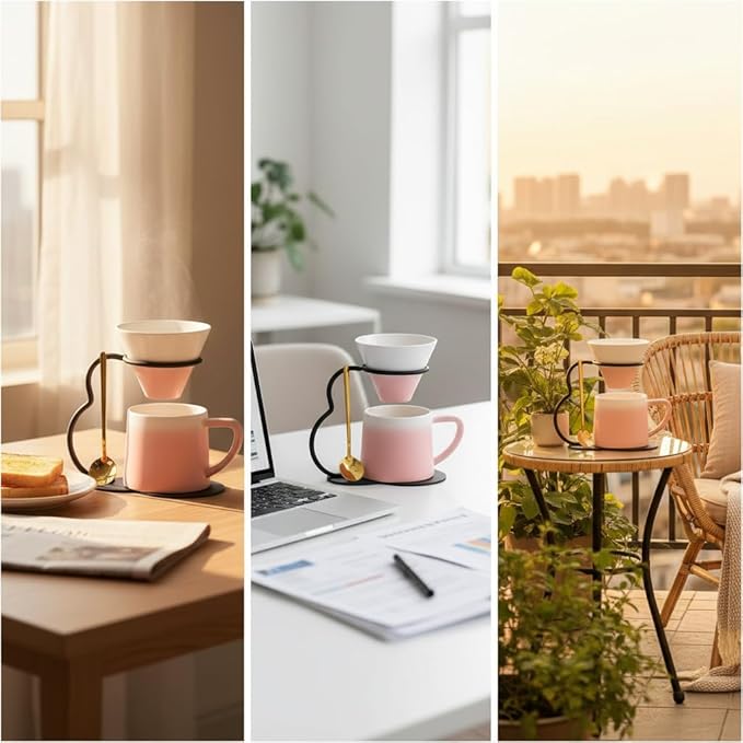 Pour Over Coffee Maker setCeramic Coffee Maker With V60 40 pcs Paper FilterMetal Stand 9oz 270ml mug Pour Over Coffee Dripper Pink