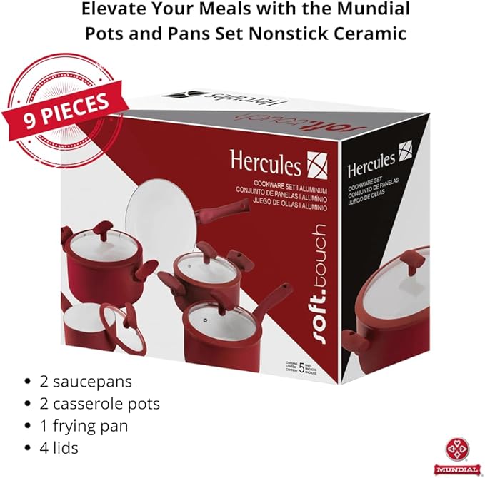 Pots and Pans Set Nonstick Ceramic – 9-Piece Non Stick Frying Pan and Cooking Pot Set – Red Aluminum Pans Ceramic Coating Glass Lids Silicone Handles – Kitchen Cookware Sets by Mundial