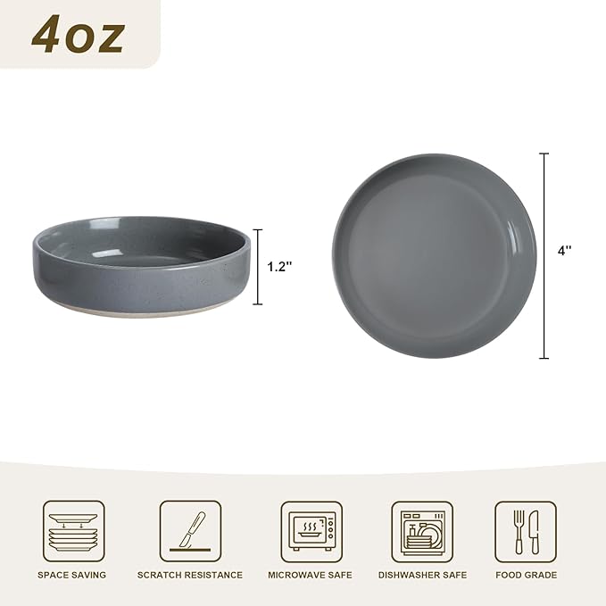 Famiware Mars Plates and Bowls Set of 12 and Milkyway 4oz Dipping Bowls Set of 6 18 Pieces Dinnerware Sets Dark Gray