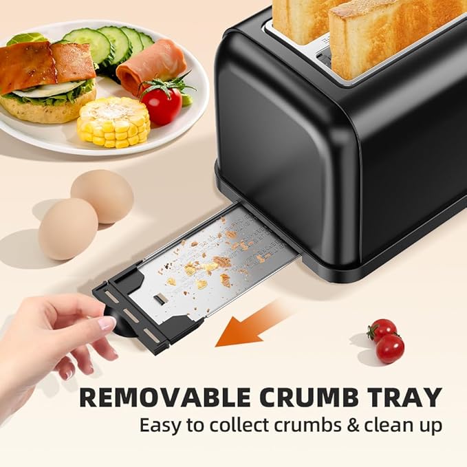 Black Toaster 2 Slice Extra Wide Slot Toaster for Bagels Bread Waffles 7 Shade Settings 4 Main Functions Removable Crumb Tray 900 Watts Toasters Black Stainless Steel