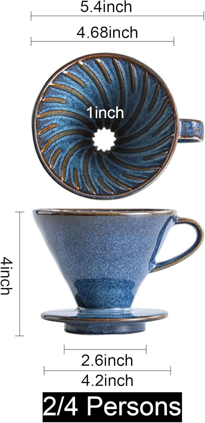 Ceramic Coffee Dripper Filter 60 Angle Tapered 02-4Cup Pour Over Coffee Ceramic Hand Brew Outdoor Cup Retro Filter Set Reusable Portable Coffee Maker (2/4 People Large - Sky Blue)