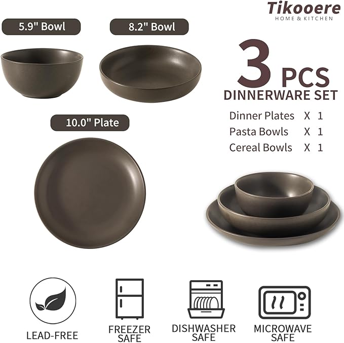 3 Piece Dinnerware Set Stoneware Plate and Bowl Set Ceramic Serveware Set Scratch Resistant Dishwasher &amp Microwave Safe Matte Black