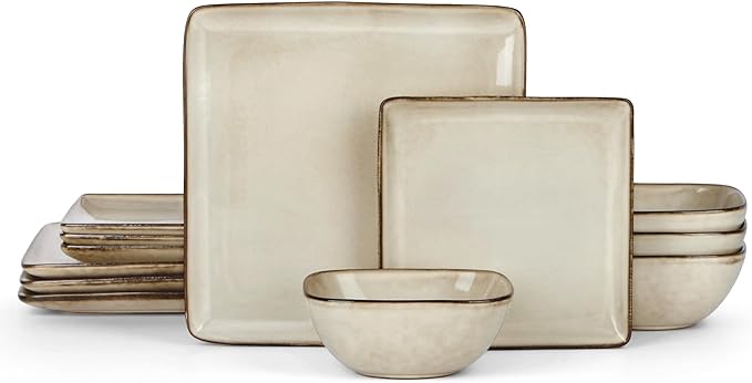 Vesteel 12 Pieces Square Dinnerware Sets Ceramic Plates and Bowls Sets for 4 Handmade Reactive Glaze Dishes Set for Kitchen Dining Microwave &amp Dishwasher Safe Khaki
