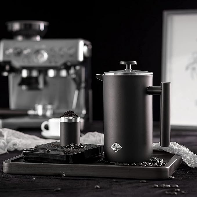 French Press Coffee Maker Double Wall 304 Stainless Steel Coffee Press with 60g Coffee Canister Black Dishwasher Safe 34oz (1L) (Black)
