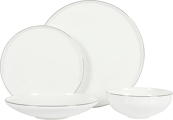 Gibson Elite Lana 16 Piece Bone China Double Plates and Bowls Dinnerware Set White w/Gold Rim