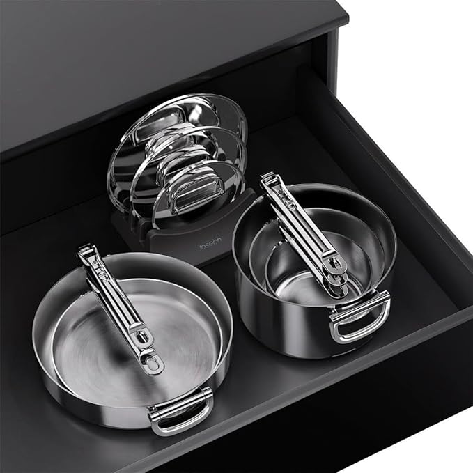 Joseph Joseph Space Steel 8-Piece Stainless Steel Sauce Pan Set with Lids Nesting with Folding Handles Induction &amp Oven Safe