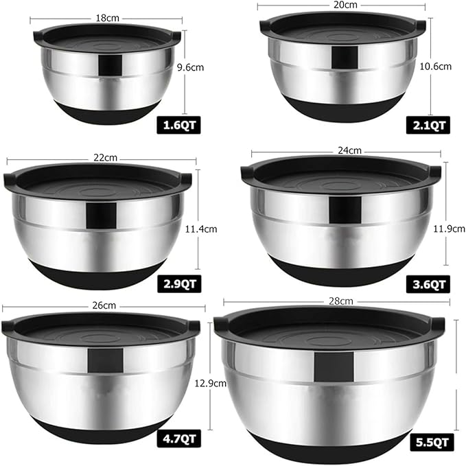 6 Pcs Mixing Bowls With Lids And Non Slip Bases Stainless Steel Set For Baking Nesting Storage