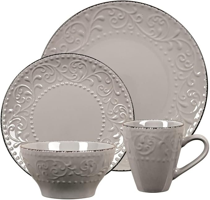 16 Piece Stoneware Scroll Dinnerware Set Gray