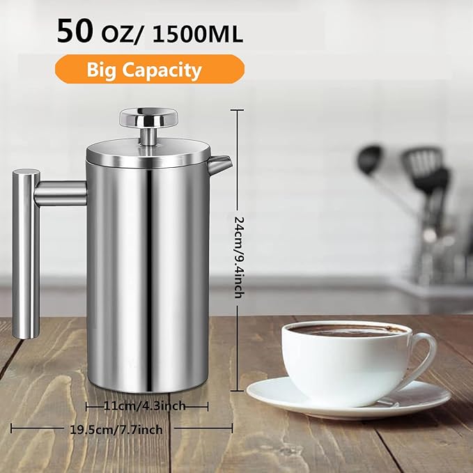 Stainless Steel French Press Coffee Maker 1500ml Double-Wall Insulated Large French Coffee Press for travel campingLarge Capacity （50oz Silver）
