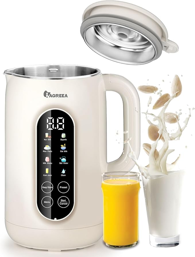 IAGREEA 8 in 1 Nut Milk Maker Machine Stainless Steel Lid BPA Free for Homemade Almond/Oat/Soymilk 35 oz(1L) Almond Milk Maker with 8 Mins Self-Cleaning 2 hrs Keep Warm 750W Stirring Power White