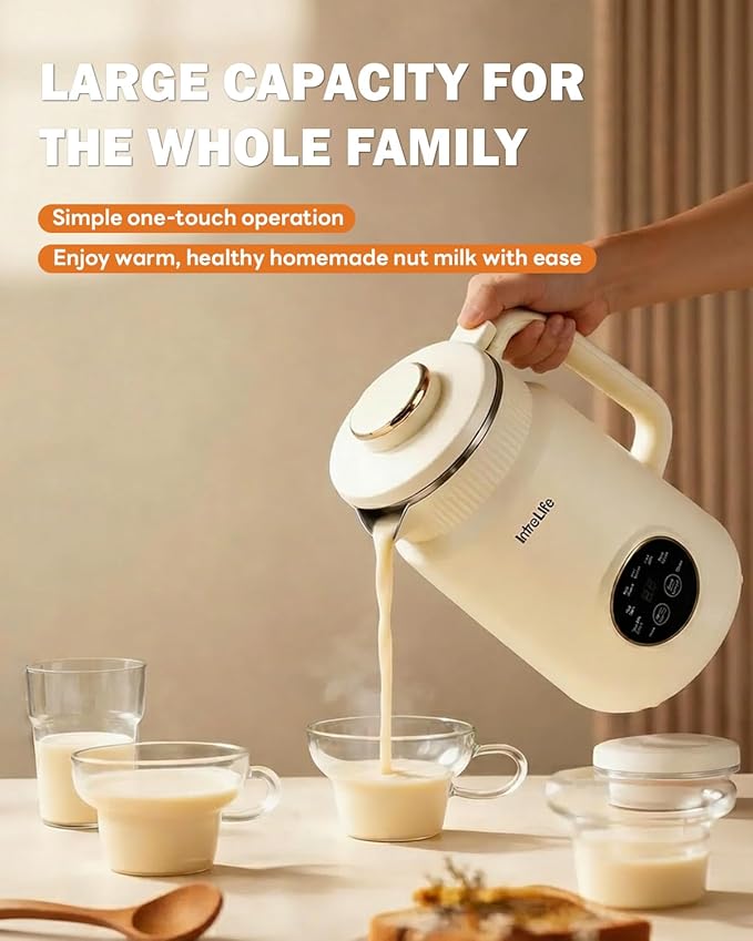 34 oz Nut Milk Maker Machine 8 in 1 Soy Milk Maker with Nut Milk Bag Plant Based Milk Maker for Almond Oat with Delay Start/Keep Warm/Self Cleaning Cream