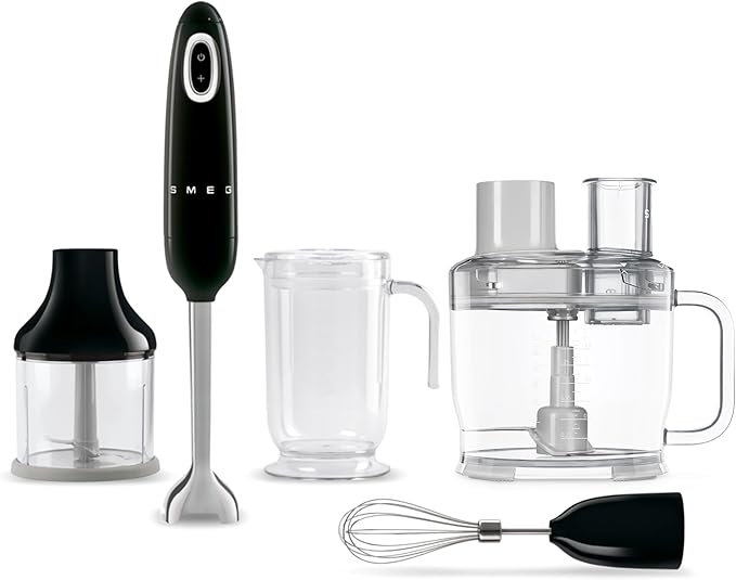 SMEG Hand Blender &amp Food Processor Bundle – HBF03 with HBFP11 Attachment – Retro Style 350W Motor Variable Speed Tritan™ Renew Bowl 5-in-1 Functionality Black