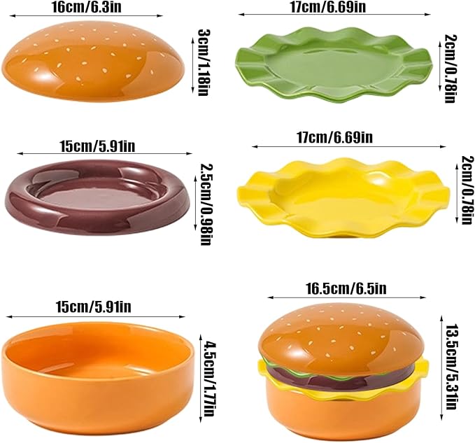 Burger Plate Set - Stackable Ceramic Dinnerware | Cute Appetizer Serving Plates with Smooth Glazed Finish Durable Oven Design &amp Space Saving Stackable Structure for Parties Picnics Home D