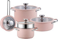 9pcs Stainless Steel Cookware Set for Family Kitchen 304 Grade Ceramic Coated Exterior Induction Compatible Pots and Pans with Glass Lids Non-Toxic &amp Easy to CleanPink