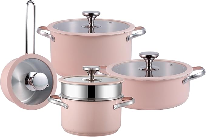 9pcs Stainless Steel Cookware Set for Family Kitchen 304 Grade Ceramic Coated Exterior Induction Compatible Pots and Pans with Glass Lids Non-Toxic &amp Easy to CleanPink