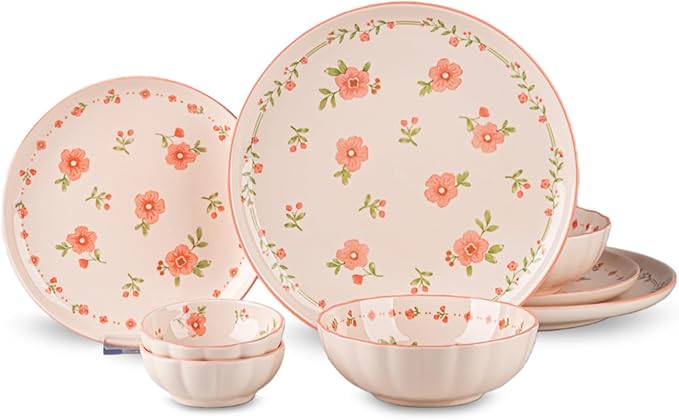 8 Pieces Gourmet Porcelain Dinnerware Sets Premium Plates and Bowls Set High-Fired Ceramic Dishes Set for 2 Microwave Dishwasher Safe Pink Peach Blossom Pattern.